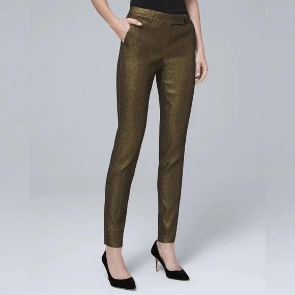NWT WHBM Gold Metallic-Jacquard Slim Ankle Pants Women’s Size 8L